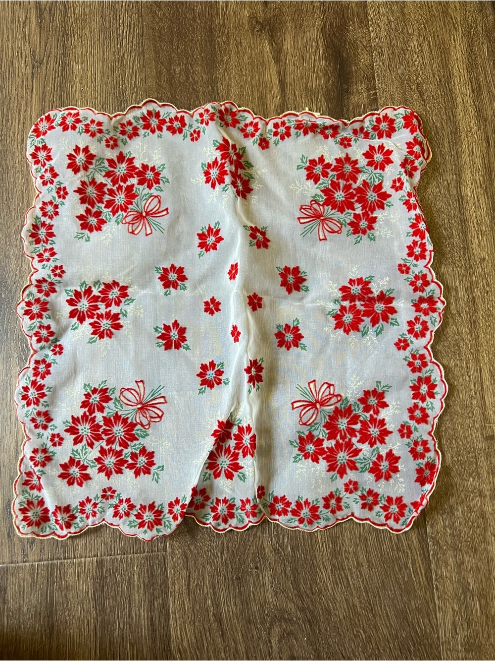 Vintage Christmas Handkerchief Red Velvet Poinsettias Green Holly Scalloped Edge